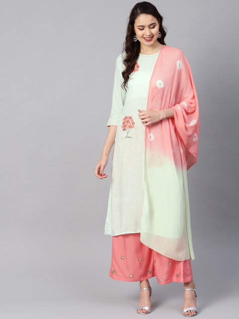 

Yufta Women Sea Green & Pink Embroidered Kurta with Palazzos & Dupatta