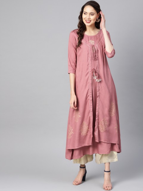 

Yufta Women Mauve Handblock Print Layered A-Line Kurta