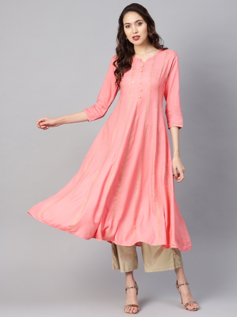 

Yufta Women Pink & Golden Handblock Print A-Line Kurta