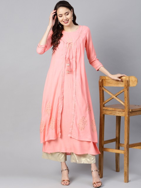 

Yufta Women Pink Solid Layered A-Line Kurta