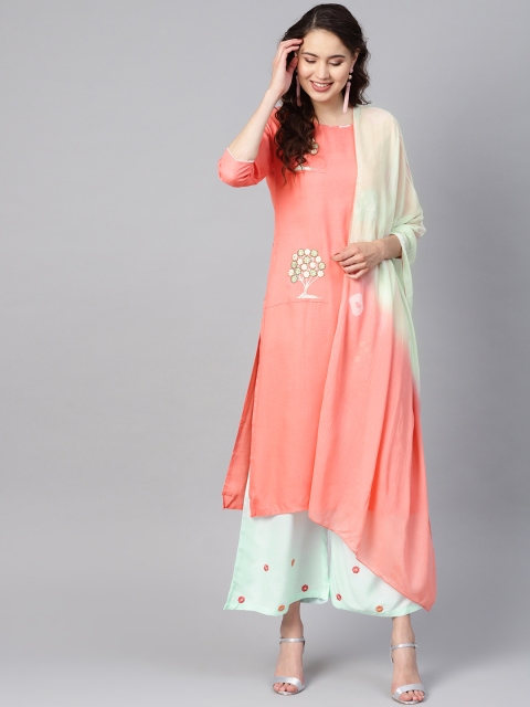 

Yufta Women Pink & Sea Green Embroidered Kurta with Palazzos & Dupatta