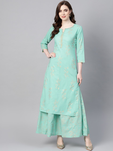 

Yufta Women Green & Golden Printed Kurta with Skirt