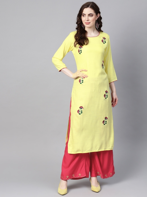 

Yufta Women Yellow & Magenta Embroidered Kurta with Palazzos