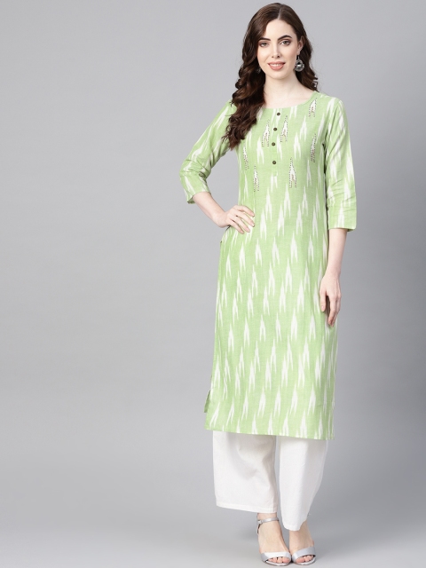 

Yufta Women Green & Off-White Ikat Straight Kurta