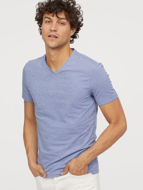 

H&M Men Blue Solid V-neck T-shirt Slim Fit