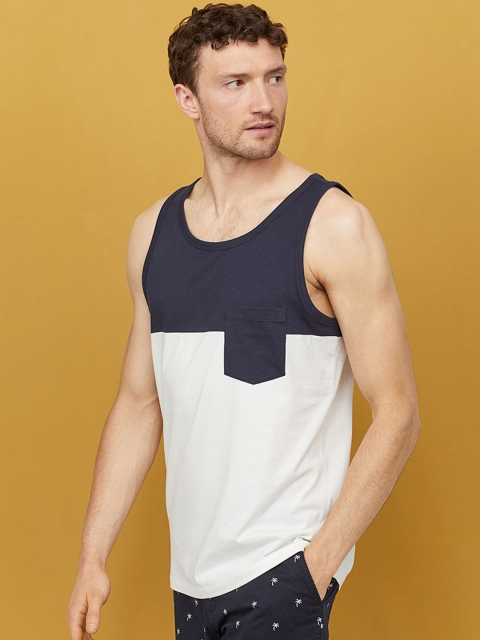 

H&M Men Blue and White Colourblocked Cotton Vest top