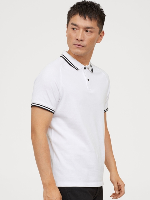 

H&M Men White Solid Piqu Polo Shirt Muscle Fit