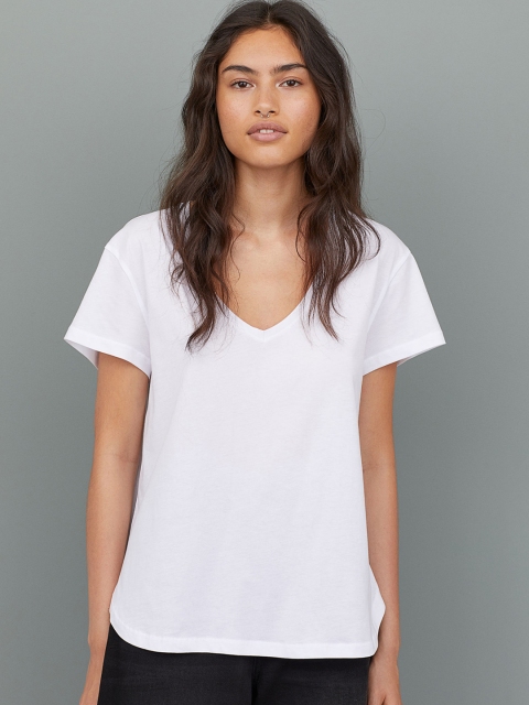 

H&M Women White Solid V-neck Cotton T-shirt