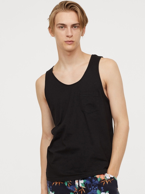 

H&M Men Black Solid Sustainable Vest Top with a Chest Pocket