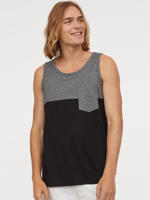 

H&M Men Grey & Black Colorblocked Cotton Vest Top