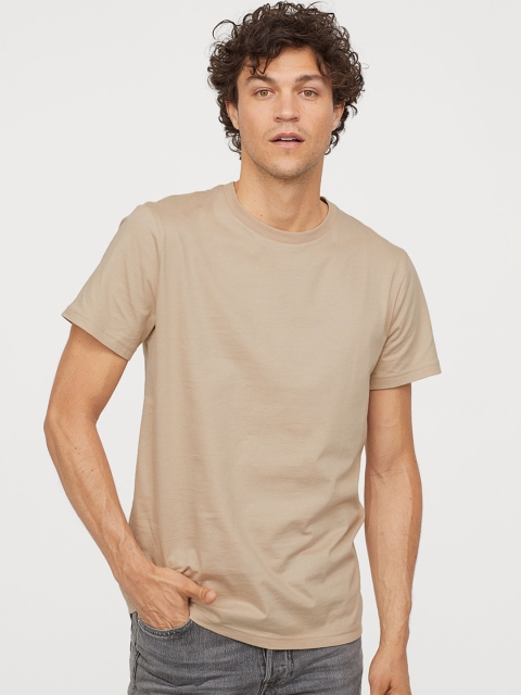 

H&M Men Beige Solid Cotton T-shirt Regular Fit