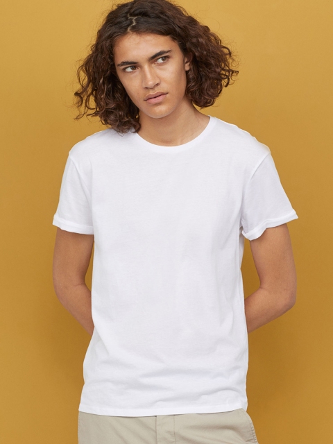 

H&M Men White Solid Cotton T-shirt