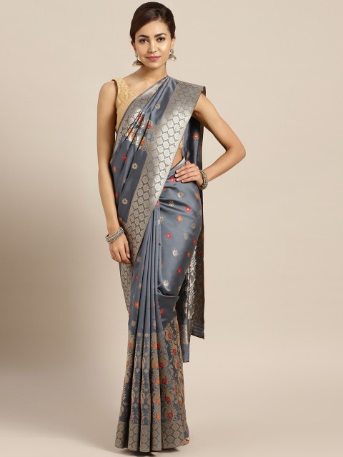 

Aashvi Creation Charcoal Grey & Golden Woven Design Kanjeevaram Saree