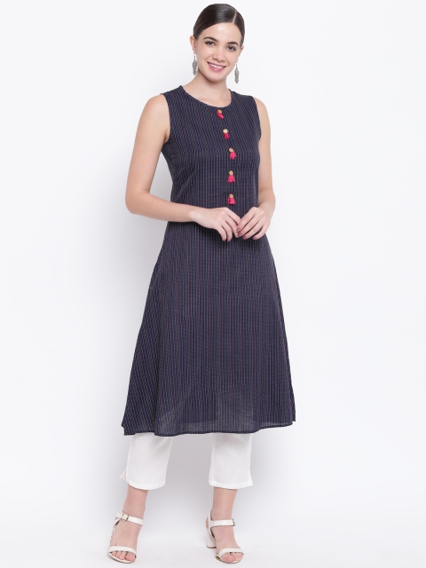 

Be Indi Women Navy Blue Striped A-Line Kurta