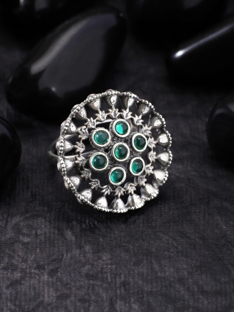 

Peora Women Oxidised Silver-Toned & Green Stone-Studded Finger Ring