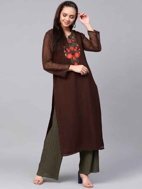 

ZOEYAMS Women Coffee Brown Yoke Design Straight Kurta