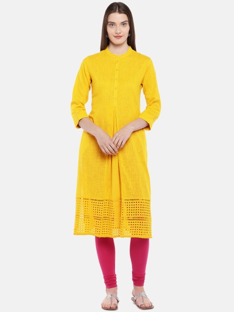 

Ethnicity Women Mustard Yellow Solid Straight Kurta