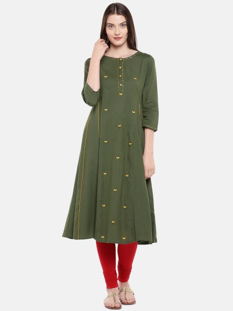 

Ethnicity Women Olive Green Embroidered A-Line Kurta
