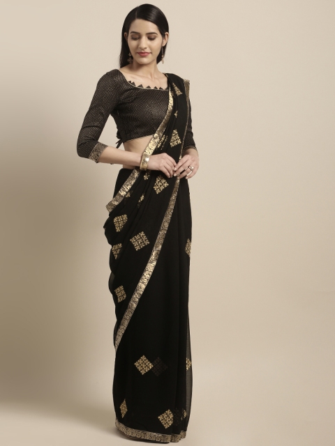 

Indian Women Black & Gold-Toned Poly Chiffon Embroidered Saree