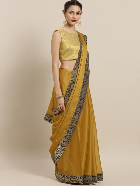 

Indian Women Mustard Yellow Embellished Poly Chiffon Saree