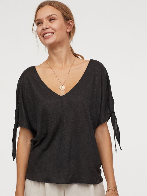 

H&M Women Black Solid Tie-Sleeve Linen Top