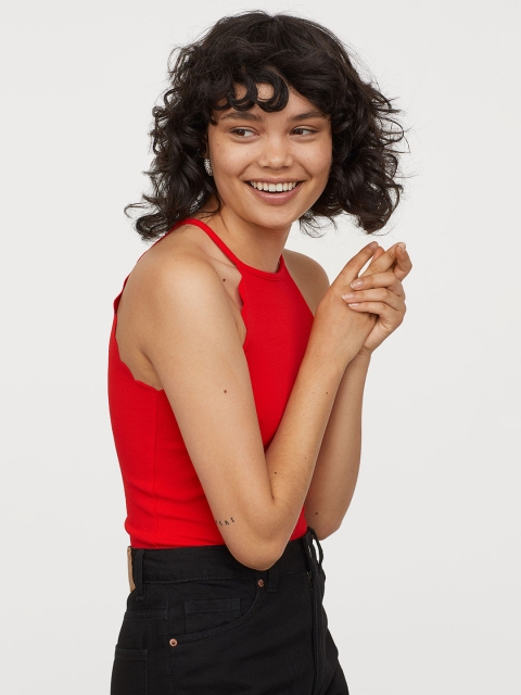 

H&M Women Red Solid Scallop-edged top