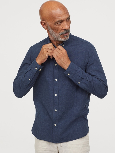 

H&M Men Blue Solid Cotton Shirt Regular Fit