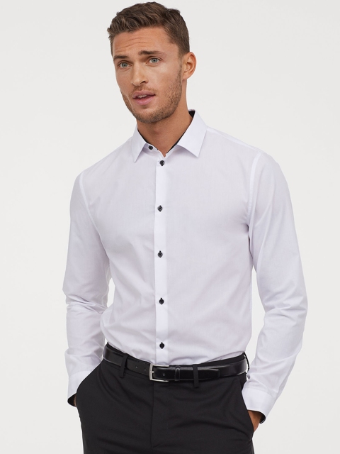 

H&M Men White Solid Cotton-Blend Shirt Slim Fit