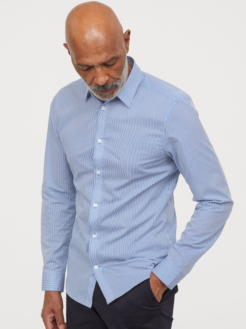 

H&M Men Blue Striped Easy-iron shirt Slim Fit