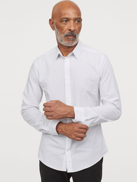 

H&M Men White Printed Easy-iron shirt Slim Fit