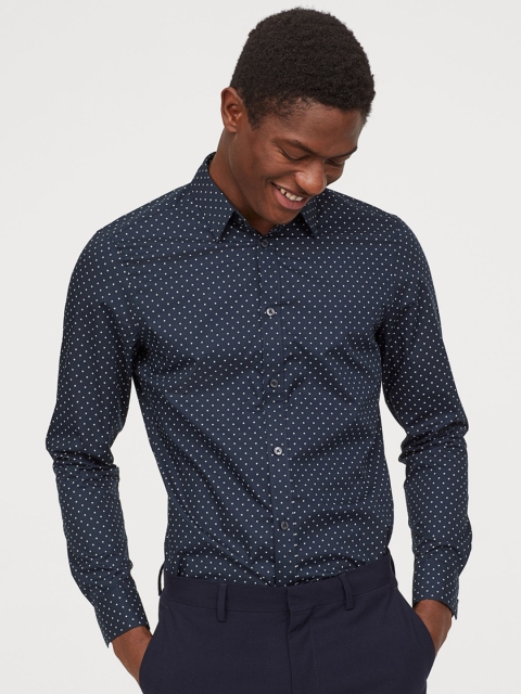 

H&M Men Blue Printed Easy-iron shirt Slim Fit