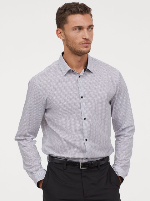 

H&M Men White Printed Cotton-Blend Shirt Slim Fit