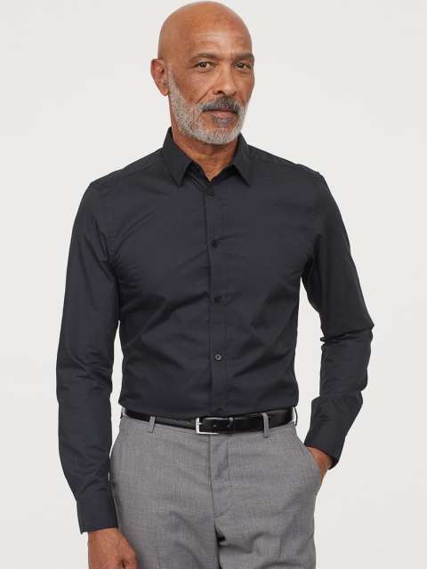 

H&M Men Black Solid Easy-iron shirt Slim Fit