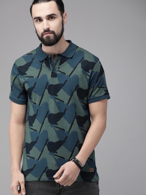 

Roadster Men Blue & Green Printed Polo Collar T-shirt