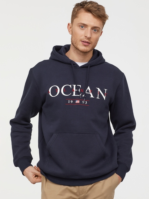 

H&M Men Blue Printed Hooded Sweatshirt