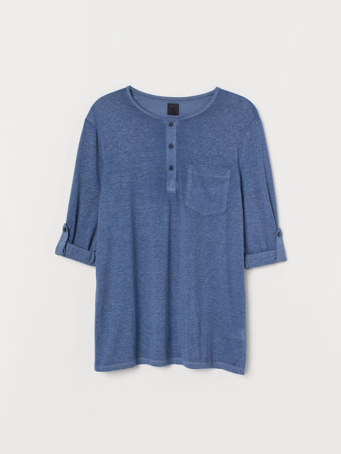 

H&M Men Blue Solid Slub Jersey Henley Shirt