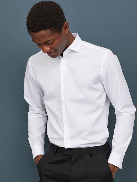 

H&M Men White Solid Premium Cotton Poplin Shirt