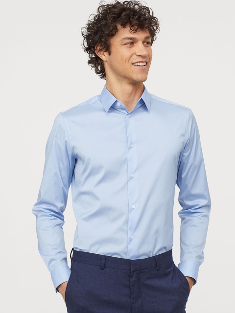 

H&M Men Blue Solid Stretch Shirt Slim Fit