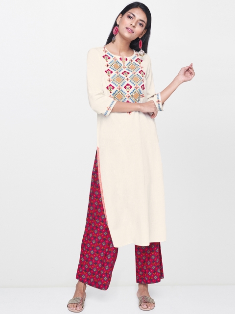 

Global Desi Women Off-White & Pink Yoke Design Kurta with Palazzos