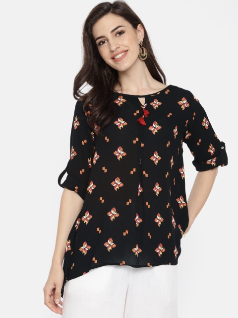 

Global Desi Women Black Printed High-Low Top