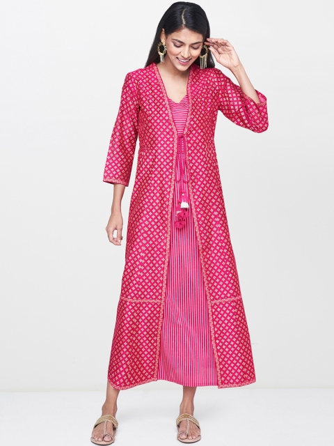 

Global Desi Women Pink & Gold-Toned Printed Layered A-Line Dress