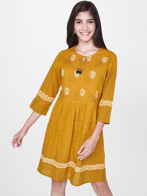 

Global Desi Women Mustard Yellow Fit and Flare Dress