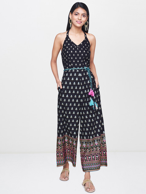 

Global Desi Women Black & Turquoise Blue Printed Basic Jumpsuit