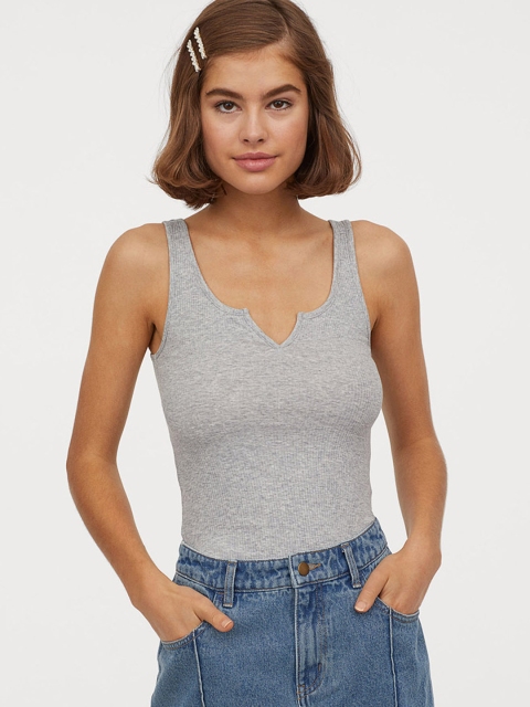 

H&M Women Grey Solid Ribbed Vest Top
