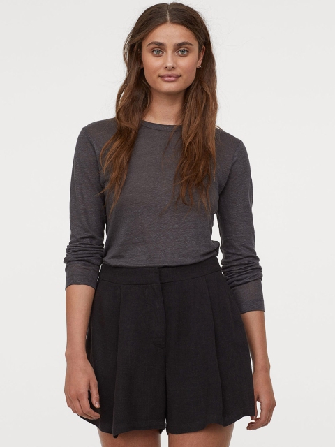 

H&M Women Grey Solid Linen Jersey Top