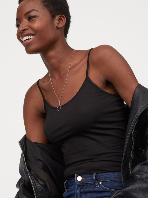 

H&M Women Black Solid Jersey Strappy Sustainable Top