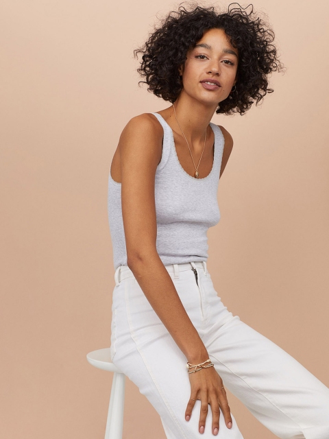 

H&M Women Grey Solid Vest Top With Lace Trims