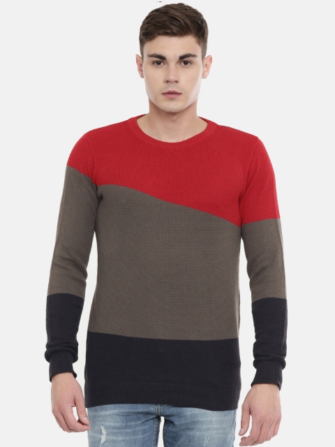 

Jack & Jones Men Grey & Red Colourblocked Pullover Sweater