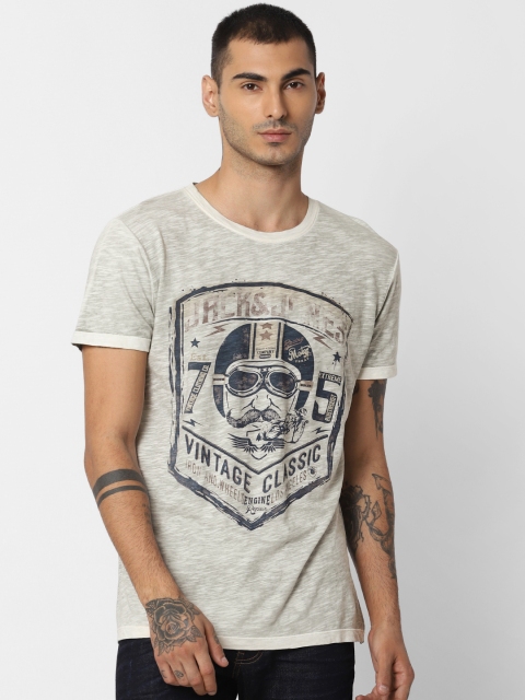 

Jack Jones Men Grey Navy Blue Printed Slim Fit Round Neck Pure Cotton T-shirt
