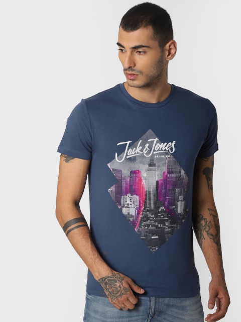 

Jack & Jones Men Blue Printed Slim Fit Round Neck T-shirt